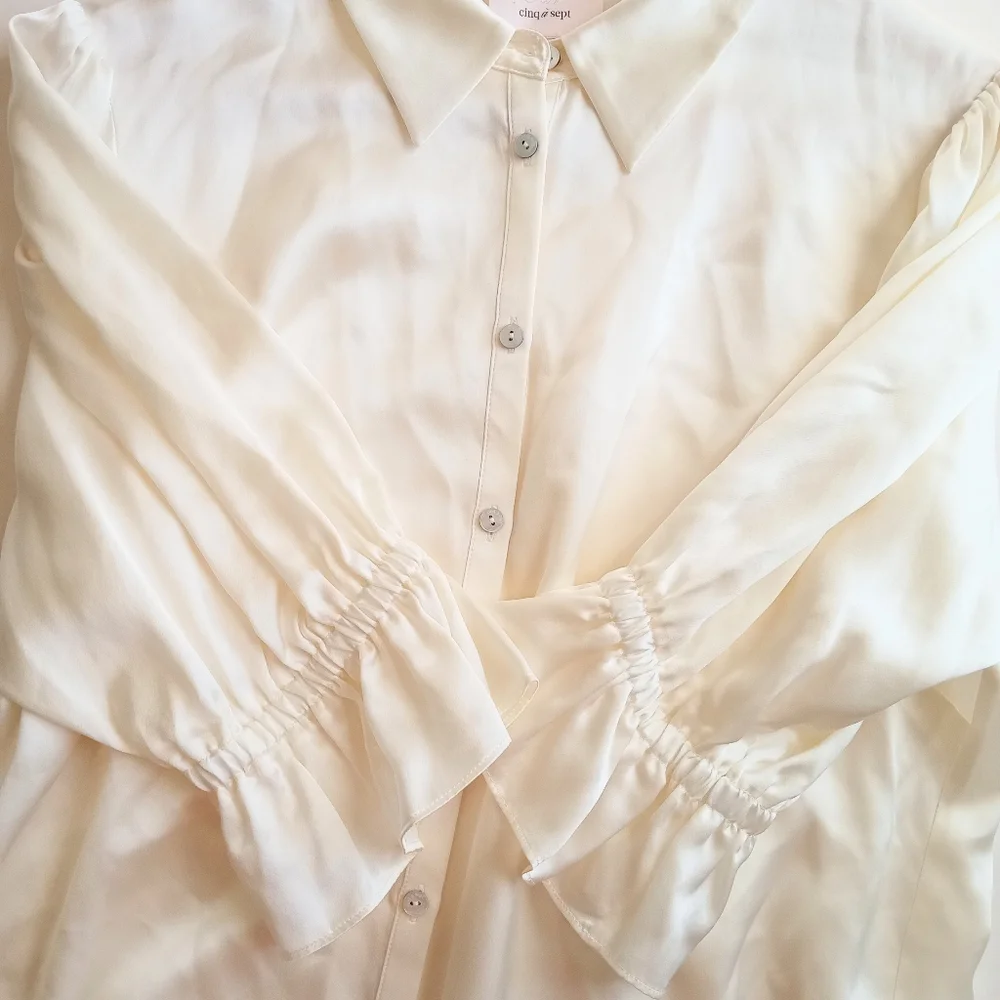Cinq à Sept Silk Fiona Satin Cinched Sleeve Blouse Top Ivory